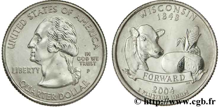 STATI UNITI D AMERICA 1/4 Dollar Wisconsin : vache, fromage et épi de maïs 2004 Philadelphie - P MS 