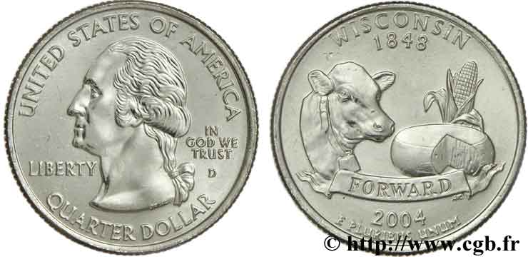 ÉTATS-UNIS D AMÉRIQUE 1/4 Dollar Wisconsin : vache, fromage et épi de maïs 2004 Denver SPL 