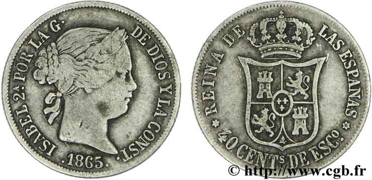 SPAGNA 40 Centimos Isabelle II  1865 Madrid q.BB 