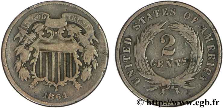 UNITED STATES OF AMERICA 2 Cents au bouclier 1864 Philadelphie VF 