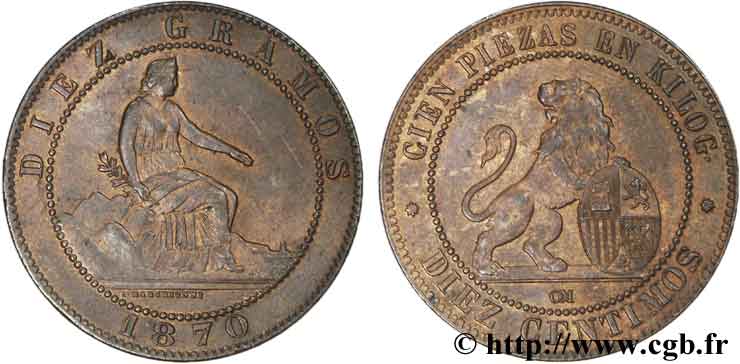 SPAGNA 10 Centimos monnayage provisoire 1870 Oeschger Mesdach & CO SPL 