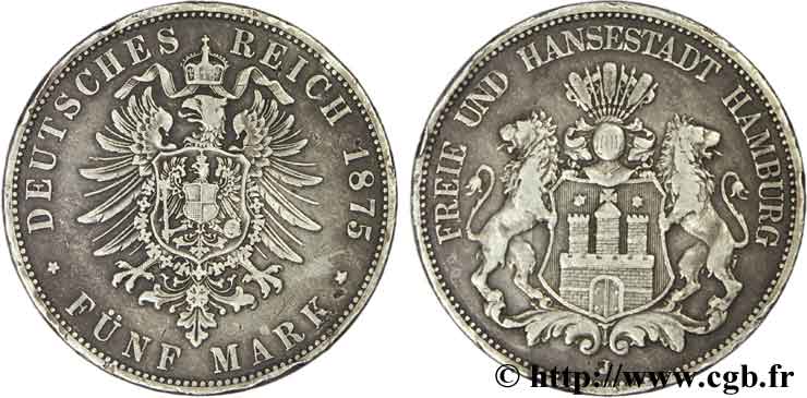DEUTSCHLAND - HAMBURG FREIE STADT 5 Mark Ville de Hambourg, emblème / aigle impérial 1875 Hambourg - J SS 