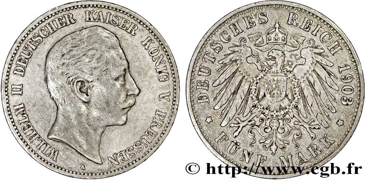 GERMANIA - PRUSSIA 5 Mark Guillaume II de Prusse / aigle impérial 1903 Berlin q.BB/BB 
