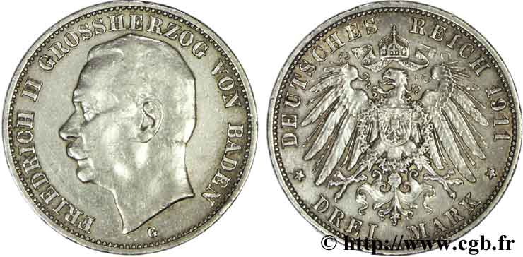 GERMANIA - BADEN 3 Mark Grand-Duché de Bade Frédéric II / aigle impérial 1911 Karlsruhe - G q.BB/BB 
