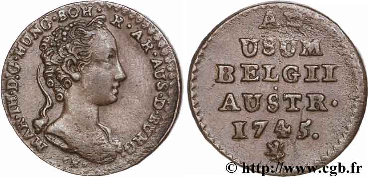 BÉLGICA - PAíSES BAJOS AUSTRíACOS 1 Liard Pays-Bas Autrichiens Marie-Thérèse buste jeune 1745 Bruges MBC+ 