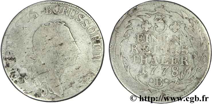 GERMANIA - PRUSSIA 1/3 Thaler Royaume de Prusse Frédéric II 1778 Breslau - B q.MB 