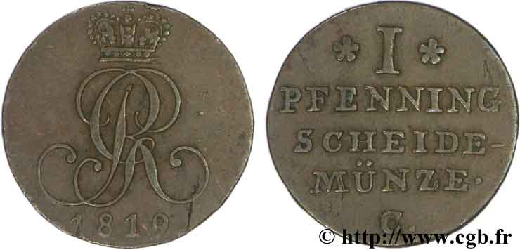ALEMANIA - HANóVER 1 Pfennig Royaume de Hanovre monograme GR (roi Georges III) 1819  MBC 