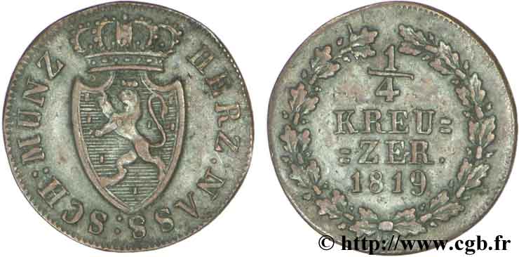 GERMANY - NASSAU 1/4 Kreuzer Grand-Duché de Nassau 1819  VF 