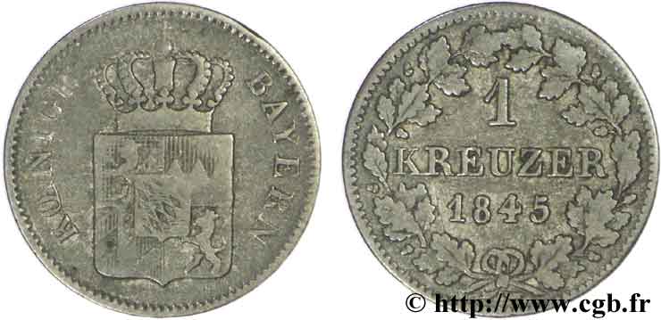 GERMANY - BAVARIA 1 Kreuzer Royaume de Bavière, écu couronné 1845  VF 