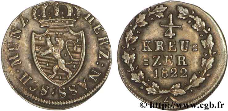 GERMANY - NASSAU 1/4 Kreuzer Grand-Duché de Nassau 1822  XF 