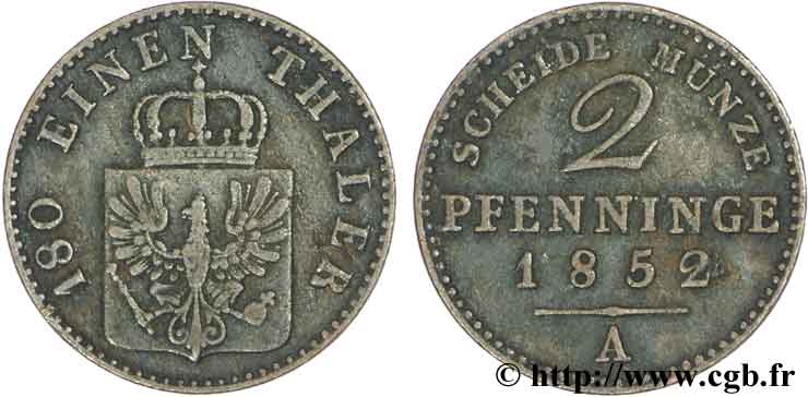 ALEMANIA - PRUSIA 2 Pfenninge Royaume de Prusse écu à l’aigle 1852 Berlin BC+ 