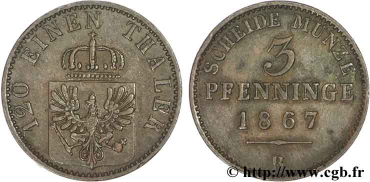 GERMANY - PRUSSIA 3 Pfenninge Royaume de Prusse écu à l’aigle 1867 Hanovre - B AU 