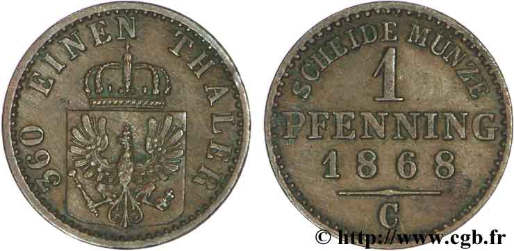 GERMANIA - PRUSSIA 1 Pfenninge Royaume de Prusse écu à l’aigle 1868 Francfort - C BB 