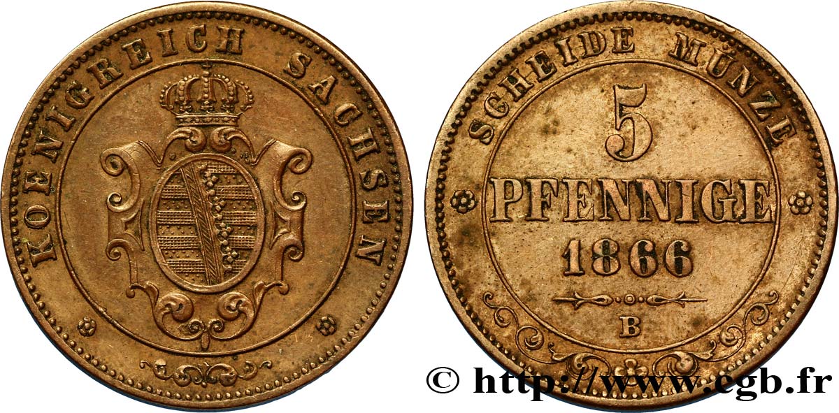 GERMANY - SAXONY 5 Pfennige Royaume de Saxe, blason 1866 Dresde XF 