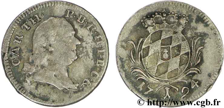 GERMANY - BAVARIA 1 Schilling Royaume de Bavière Charles Théodore IV / écu couronné 1794  VF 