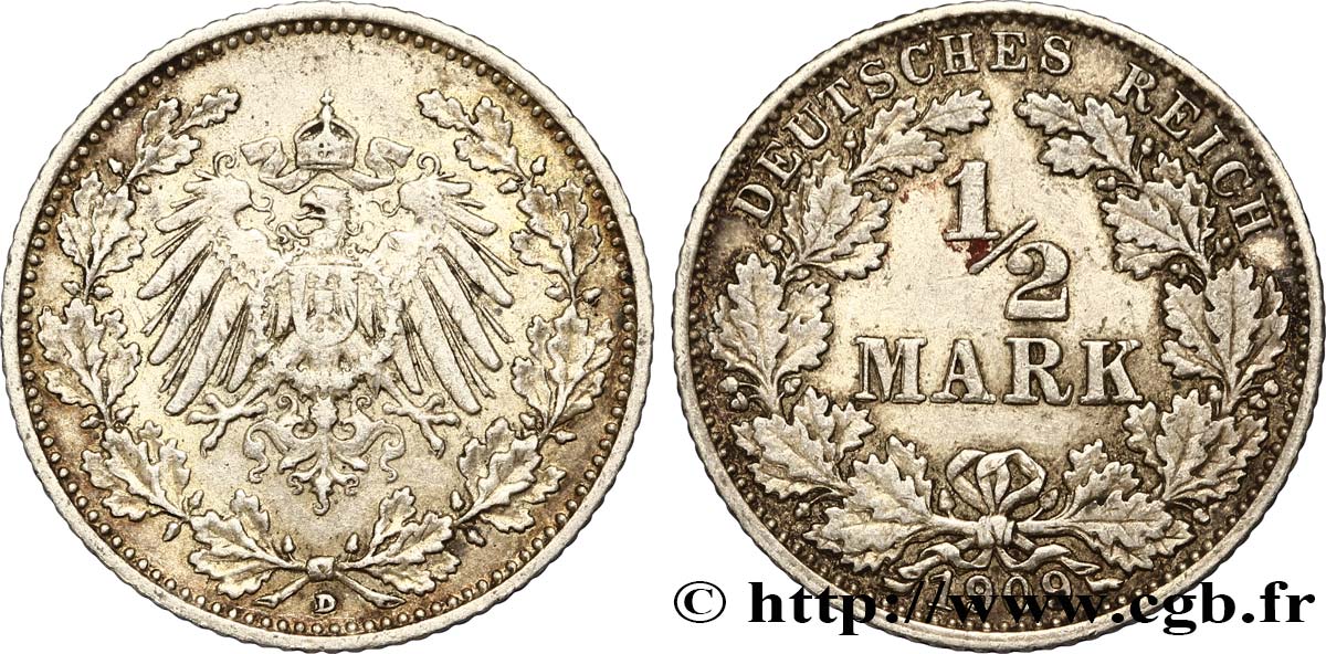 DEUTSCHLAND 1/2 Mark Empire aigle impérial 1909 Munich - D VZ 