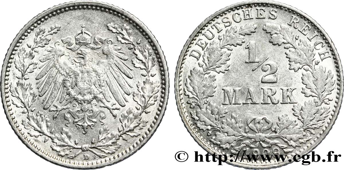 GERMANY 1/2 Mark Empire aigle impérial 1909 Munich - D MS 