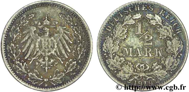 ALEMANIA 1/2 Mark Empire aigle impérial 1919 Munich - D EBC 