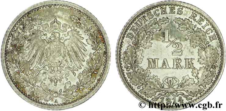 GERMANY 1/2 Mark Empire aigle impérial 1914 Berlin AU 