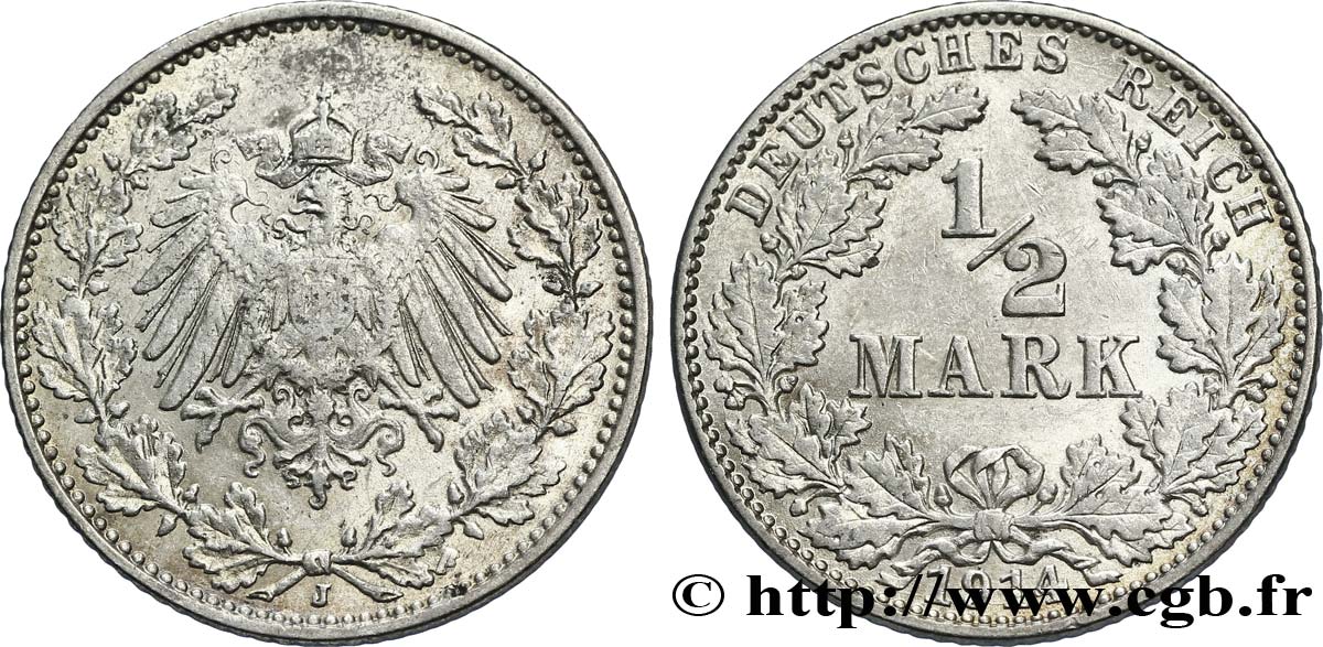 ALEMANIA 1/2 Mark Empire aigle impérial 1914 Hambourg - J EBC 
