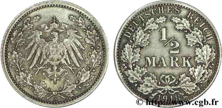 ALEMANIA 1/2 Mark Empire aigle impérial 1918 Berlin EBC 