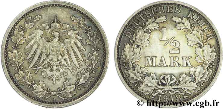 ALEMANIA 1/2 Mark Empire aigle impérial 1918 Berlin SC 