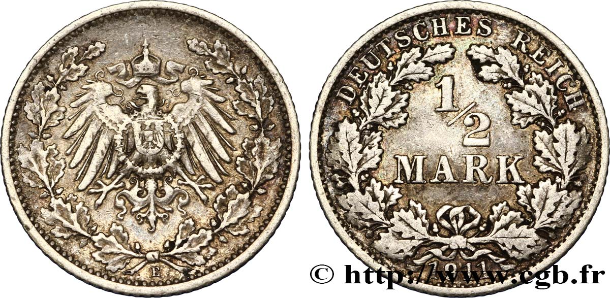 ALEMANIA 1/2 Mark Empire aigle impérial 1911 Muldenhütten - E MBC 