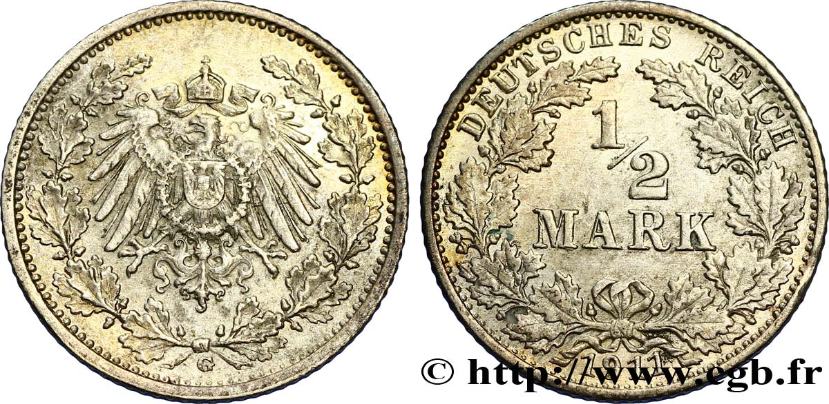 ALEMANIA 1/2 Mark Empire aigle impérial 1911 Karlsruhe - G EBC 