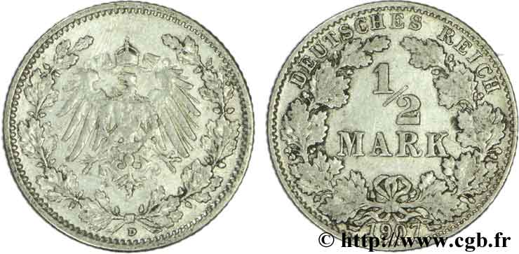 ALEMANIA 1/2 Mark Empire aigle impérial 1907 Munich - D MBC 