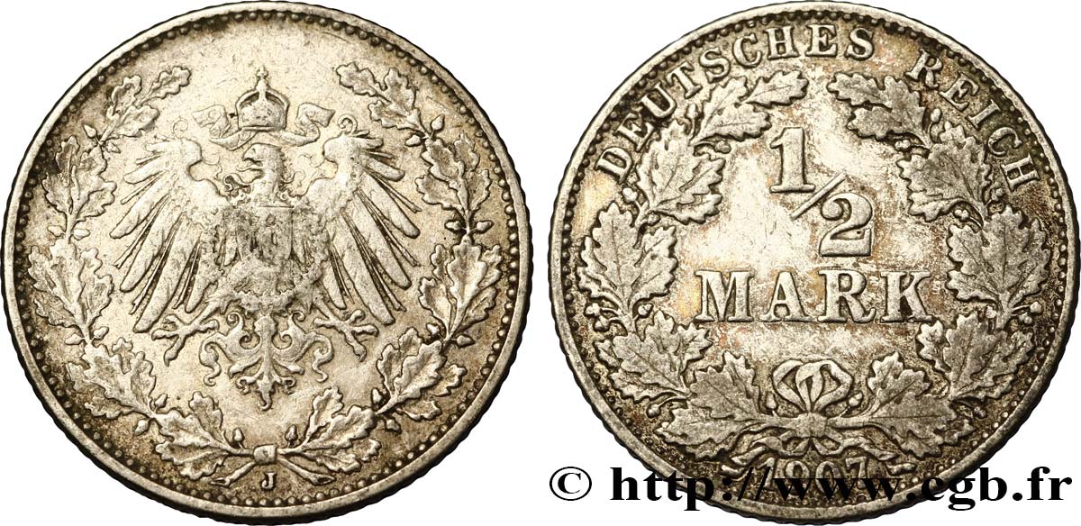 GERMANY 1/2 Mark Empire aigle impérial 1907 Hambourg - J XF 