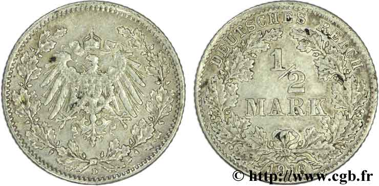 DEUTSCHLAND 1/2 Mark Empire aigle impérial 1916 Munich - D SS 