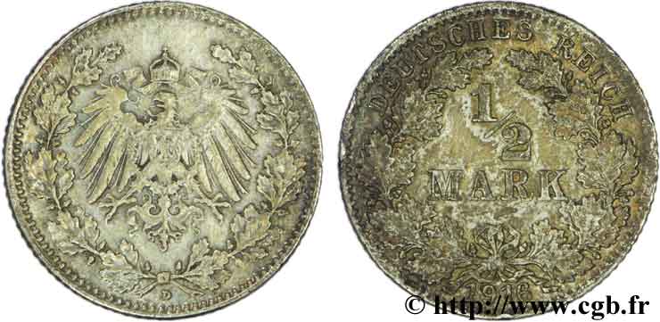 DEUTSCHLAND 1/2 Mark Empire aigle impérial 1916 Munich - D VZ 