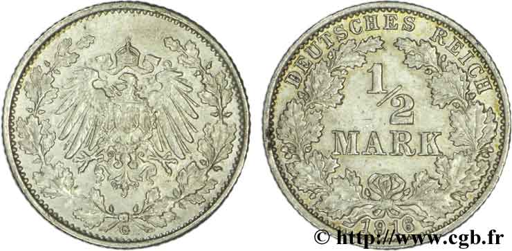 ALEMANIA 1/2 Mark Empire aigle impérial 1916 Karlsruhe - G EBC 