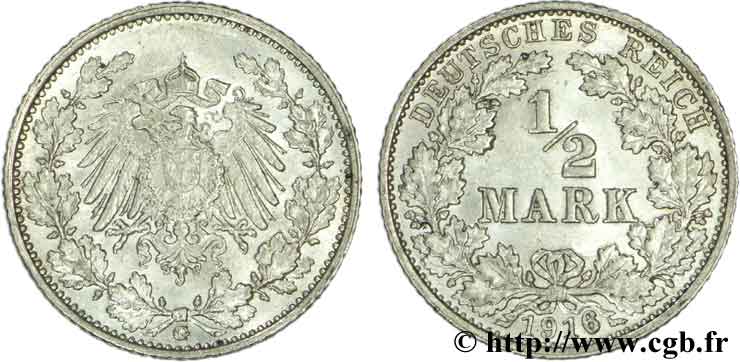 ALEMANIA 1/2 Mark Empire aigle impérial 1916 Karlsruhe - G SC 