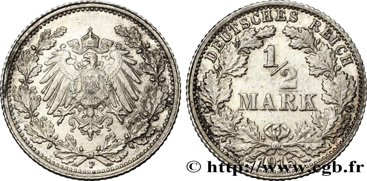 ALEMANIA 1/2 Mark Empire aigle impérial 1915 Stuttgart - F EBC 