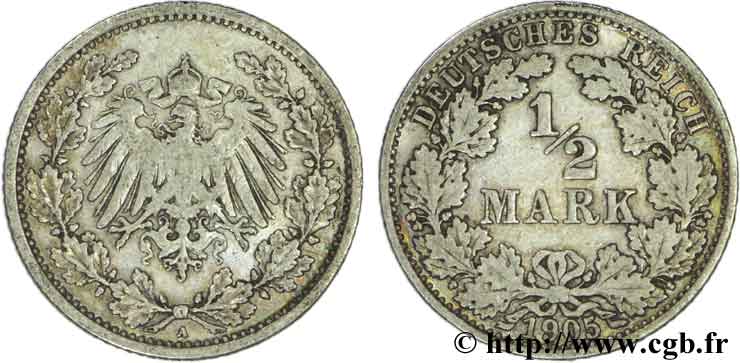 DEUTSCHLAND 1/2 Mark Empire aigle impérial 1905 Berlin SS 