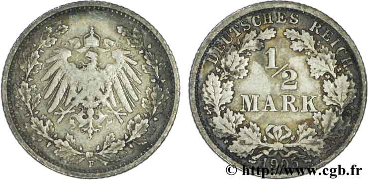 DEUTSCHLAND 1/2 Mark Empire aigle impérial 1905 Munich - D fSS 