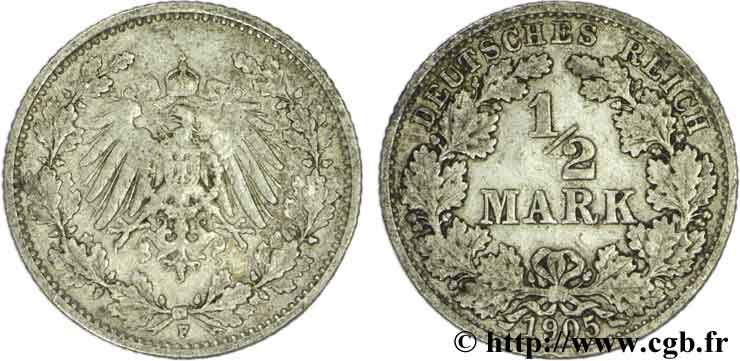 ALEMANIA 1/2 Mark Empire aigle impérial 1905 Stuttgart - F MBC 