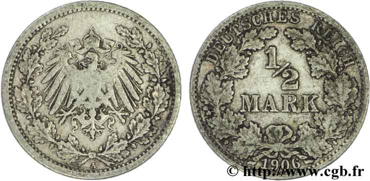 DEUTSCHLAND 1/2 Mark Empire aigle impérial 1906 Berlin S 