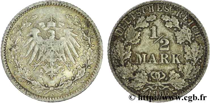 ALEMANIA 1/2 Mark Empire aigle impérial 1906 Munich - D BC+ 