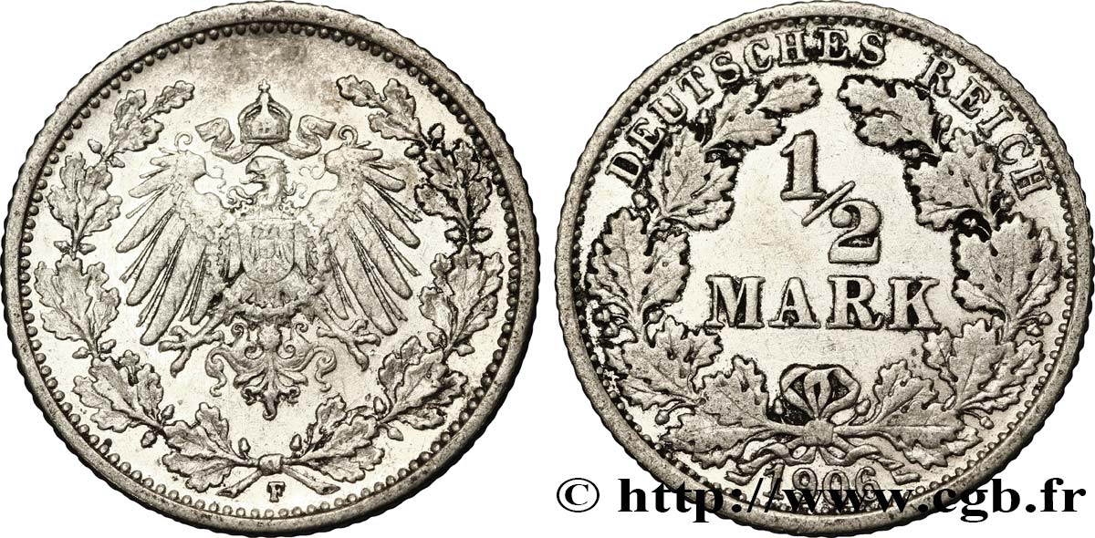 ALEMANIA 1/2 Mark Empire aigle impérial 1906 Stuttgart - F EBC 