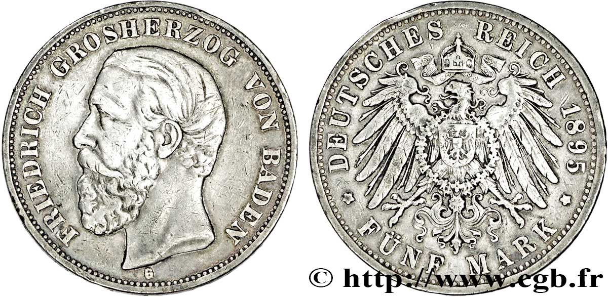 GERMANY - BADEN 5 Mark Grand Duché de Bade  Frédéric / aigle impérial 1895 Karlsruhe - G XF 