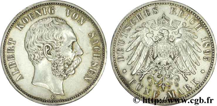 ALEMANIA - SAJONIA 5 Mark Royaume de Saxe, roi Albert / aigle impérial 1895 Muldenhütten - E MBC+ 