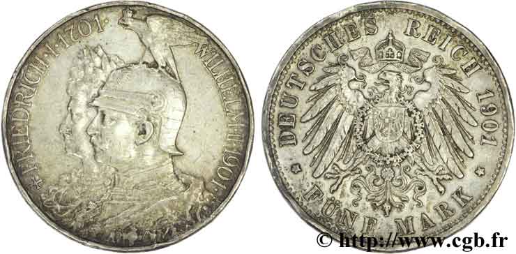 GERMANIA - PRUSSIA 5 Mark Guillaume II 200e anniversaire de la Prusse 1901 Berlin BB 