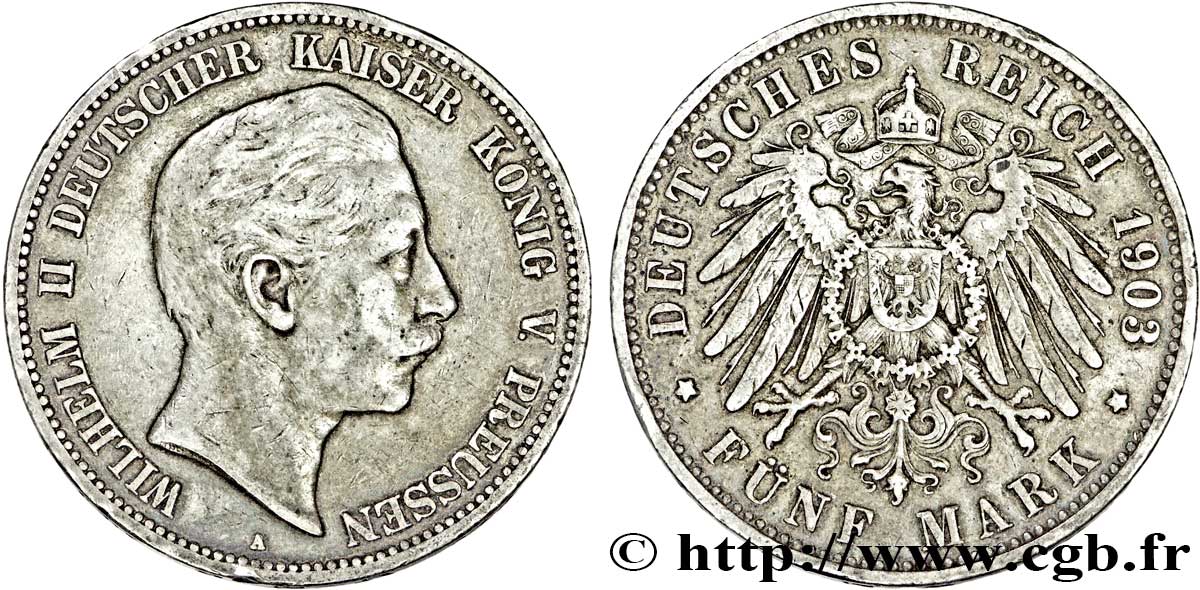 GERMANY - PRUSSIA 5 Mark Guillaume II de Prusse / aigle impérial 1903 Berlin VF/XF 