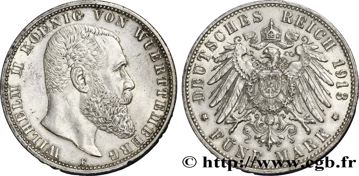 GERMANIA - WÜRTEMBERG 5 Mark Royaume du Wurtemberg Guillaume II 1913 Stuttgart - F SPL 