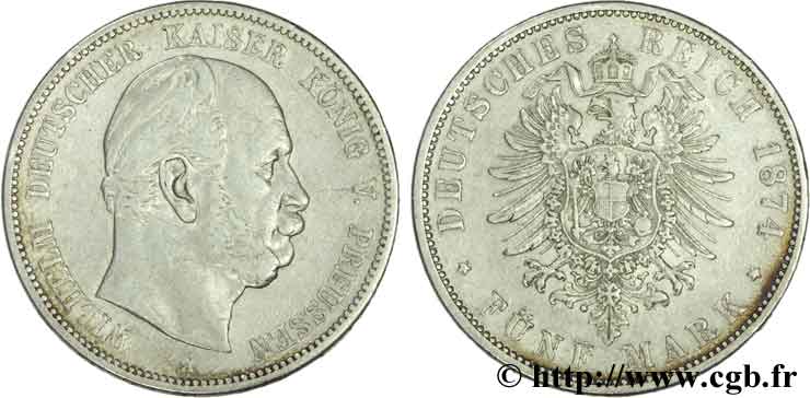 ALEMANIA - PRUSIA 5 Mark Guillaume Ier 1874 Berlin BC+ 