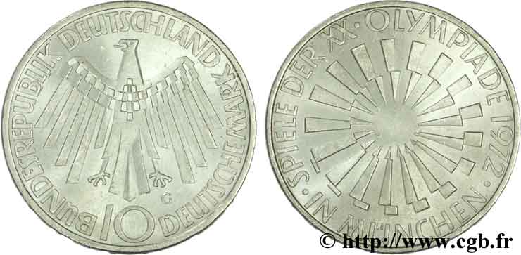 GERMANY 10 Mark XXe J.O. Munich / aigle “IN MÜNCHEN” 1972 Karlsruhe - G AU 