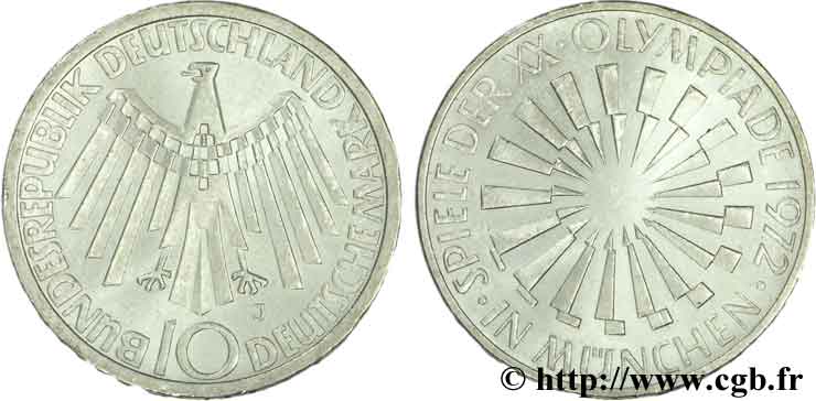 DEUTSCHLAND 10 Mark XXe J.O. Munich / aigle “IN MÜNCHEN” 1972 Hambourg - J VZ 