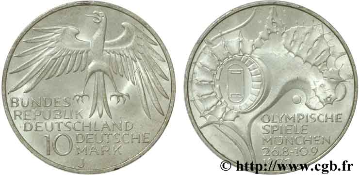 GERMANY 10 Mark XXe J.O. Munich : village olympique de Munich / aigle 1972 Hambourg - J AU 